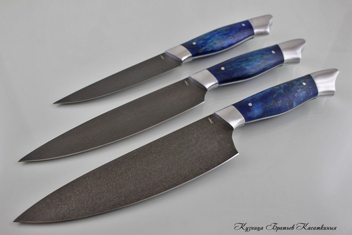   Kitchen Knife Set "Ratatouille". KHV-5 Steel (Extra Hard Steel). Karelian Birch Handle (blue) 