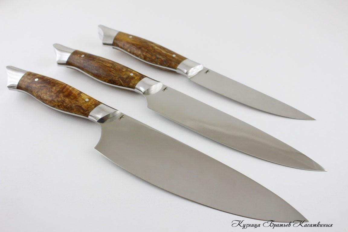   Kitchen Knife Set "Ratatouille". 95kh18 Steel (hammered). Karelian Birch Handle (light brown) 