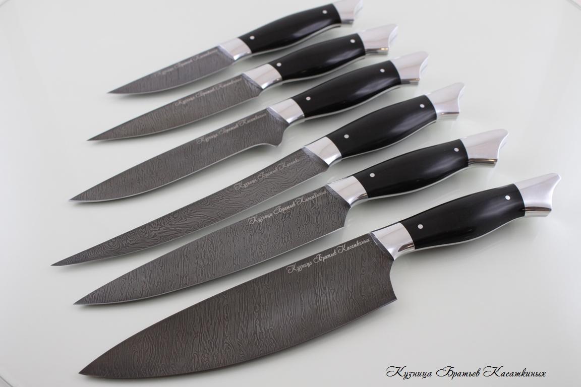   Kitchen Knife Set "Grand Ratatouille". Damascus Steel. Hard Rubber Handle 