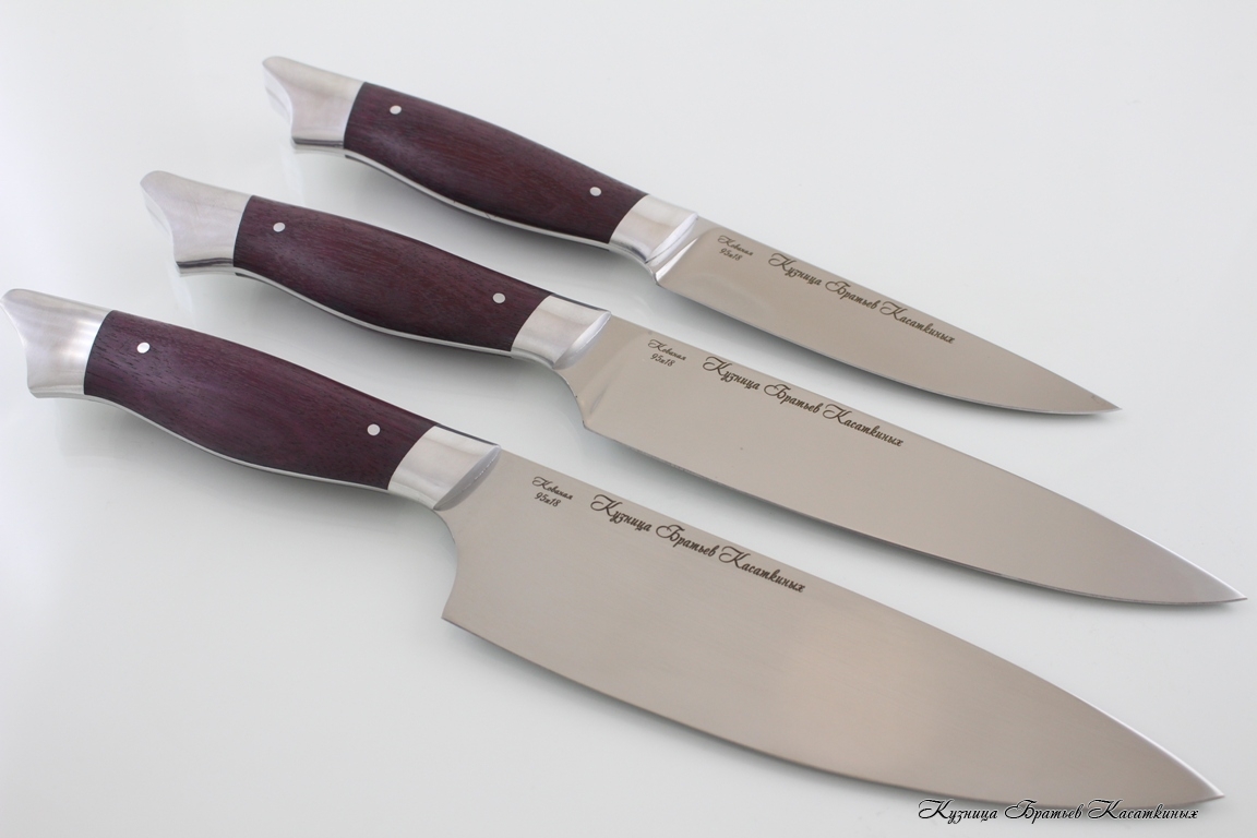   Kitchen Knife Set "Ratatouille". 95kh18 Steel (hammered). Amaranth Handle 