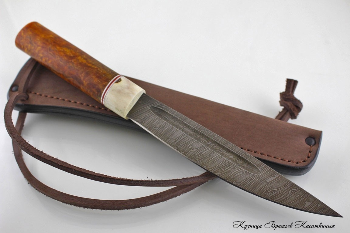 Yakutian knife (big size). Damascus Steel. Karelian Birch handle