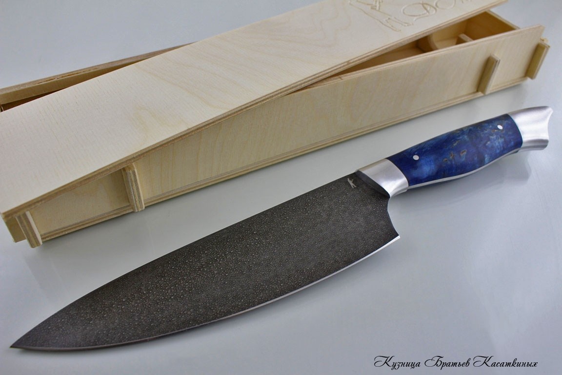 Поварской кухонный нож "Шеф-Повар" ХВ-5(Алмазная). Рукоять карельская береза(Синяя).