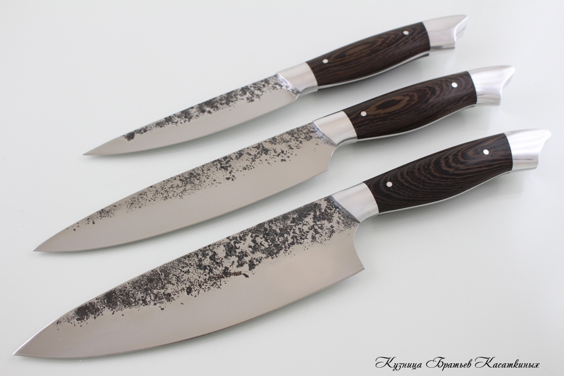   Kitchen Knife Set "Ratatouille". 95kh18 Steel (hammered). Wenge All-Metal Handle. Aluminium Bolster 
