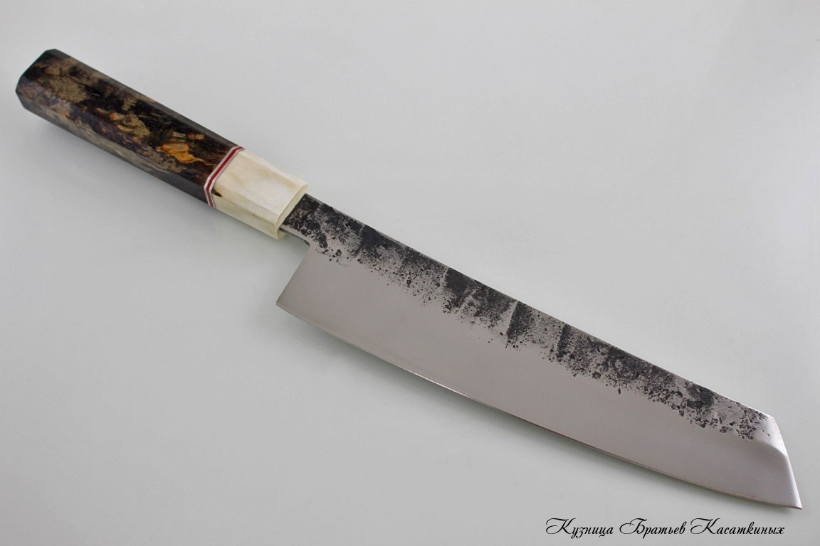   Japanese Knife "Kiritsuke". kh12mf Steel. Karelian Birch Handle. Elf Horn Bolster 