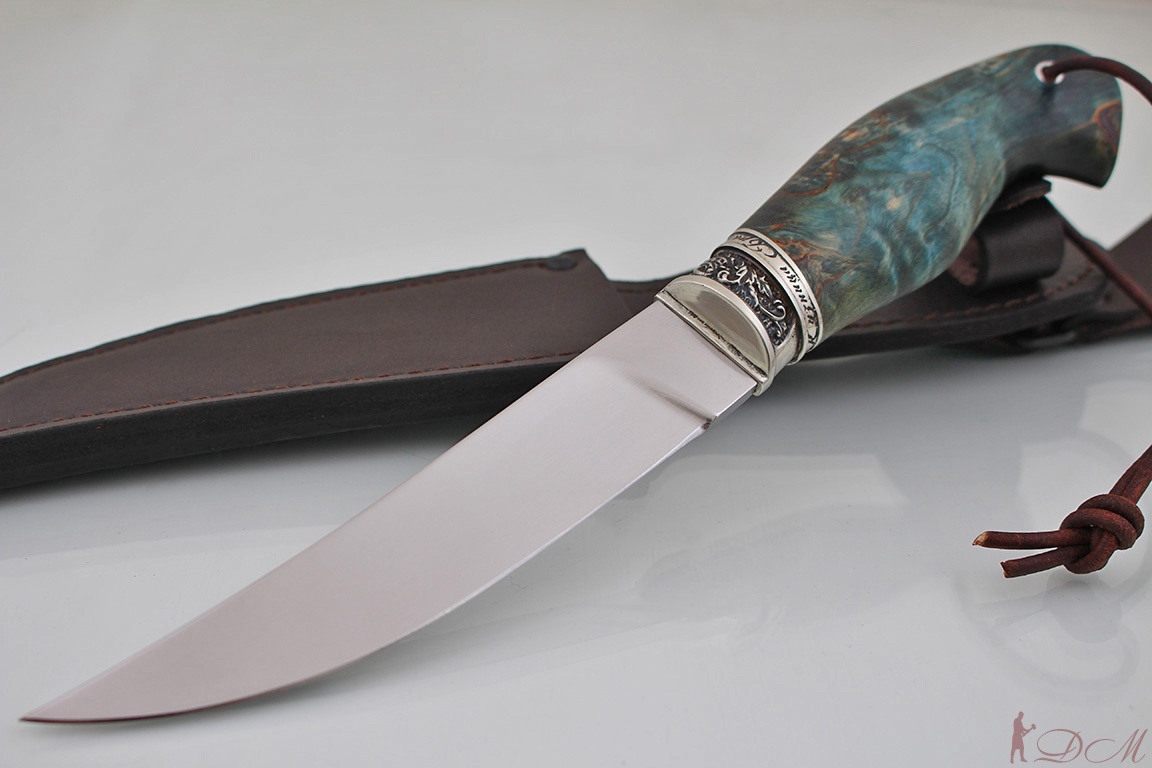 Нож "Промысловый" Клинок К340. Рукоять мельхиор, карельская береза (зеленая).