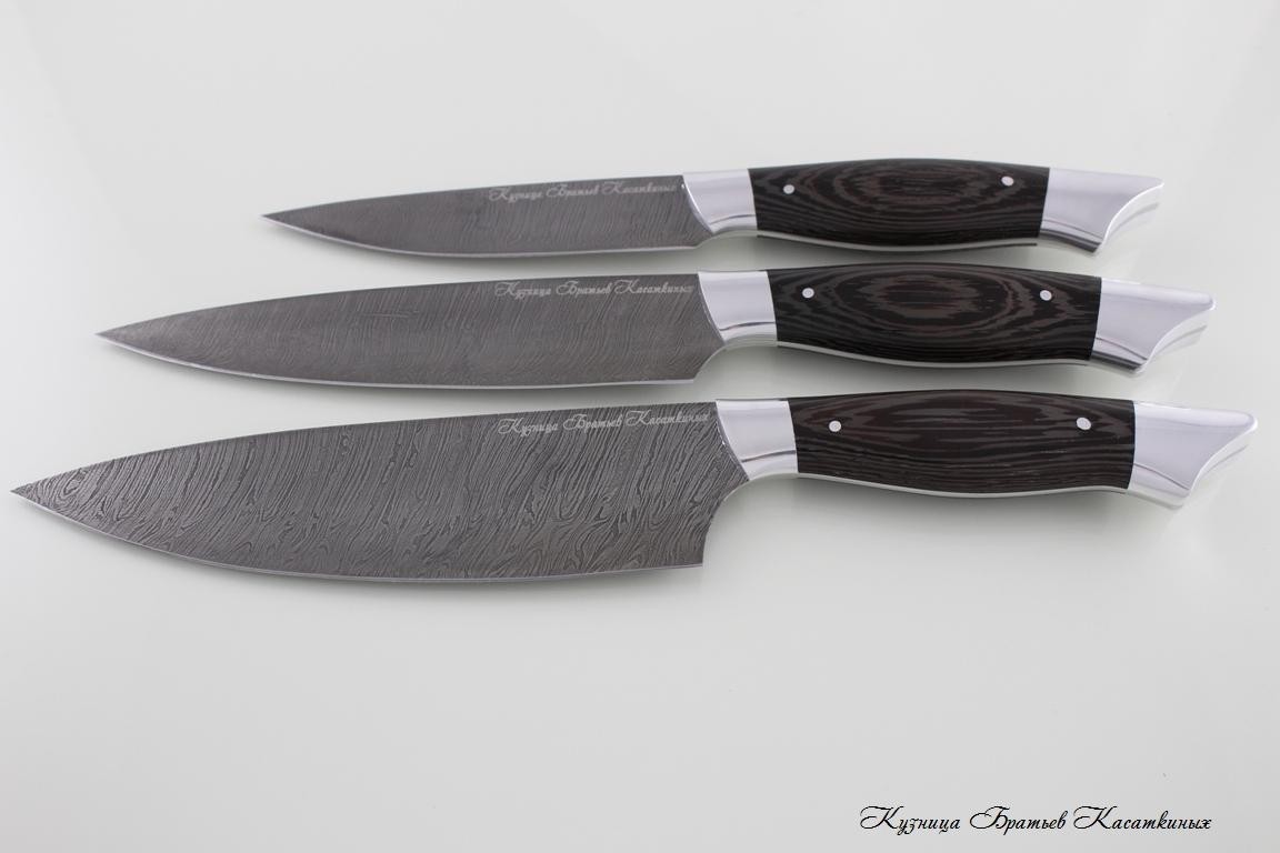   Kitchen Knife Set "Ratatouille". Damascus Steel. Wenge All-Metal Handle. Aluminium Bolster 