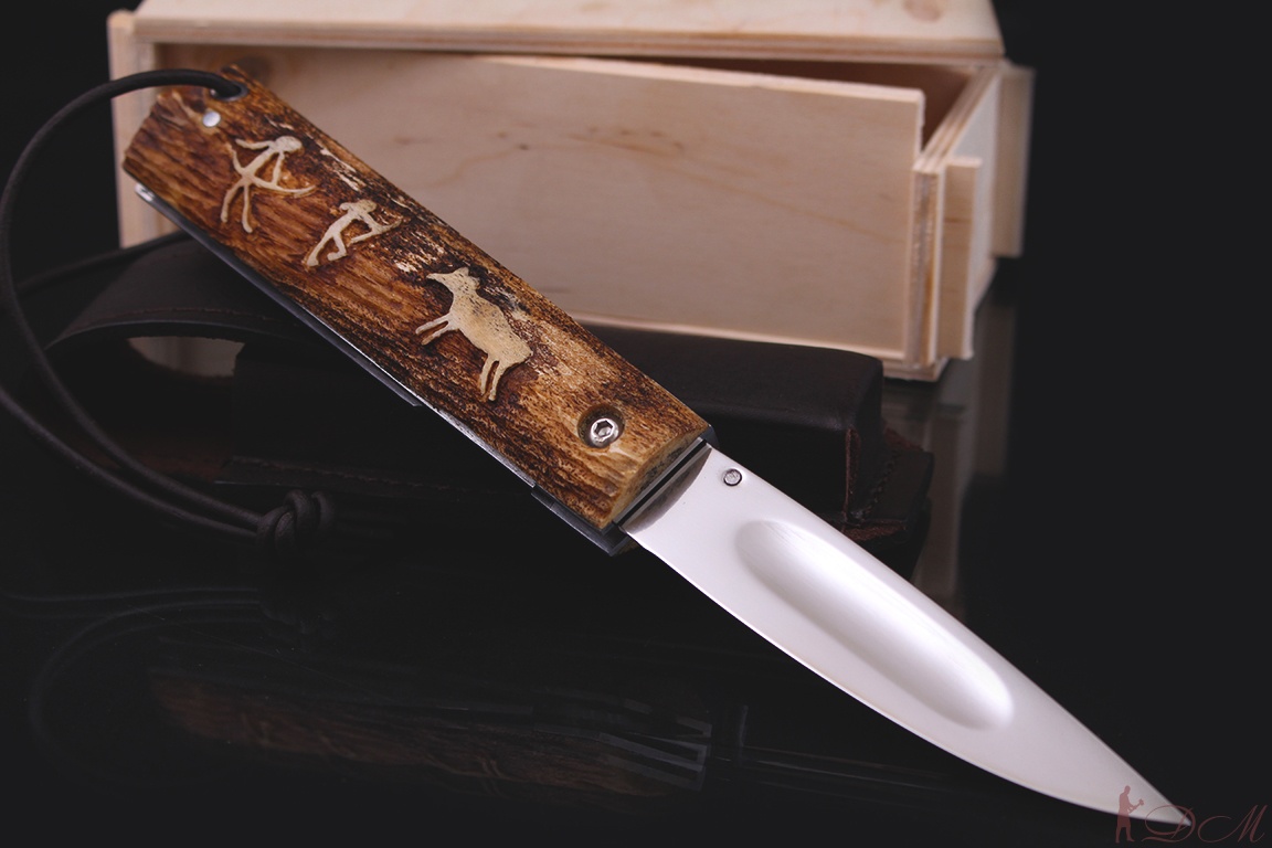 Cкладной якутский нож малый "БЫHЫЧЧА" N690. Рукоять рог лося..