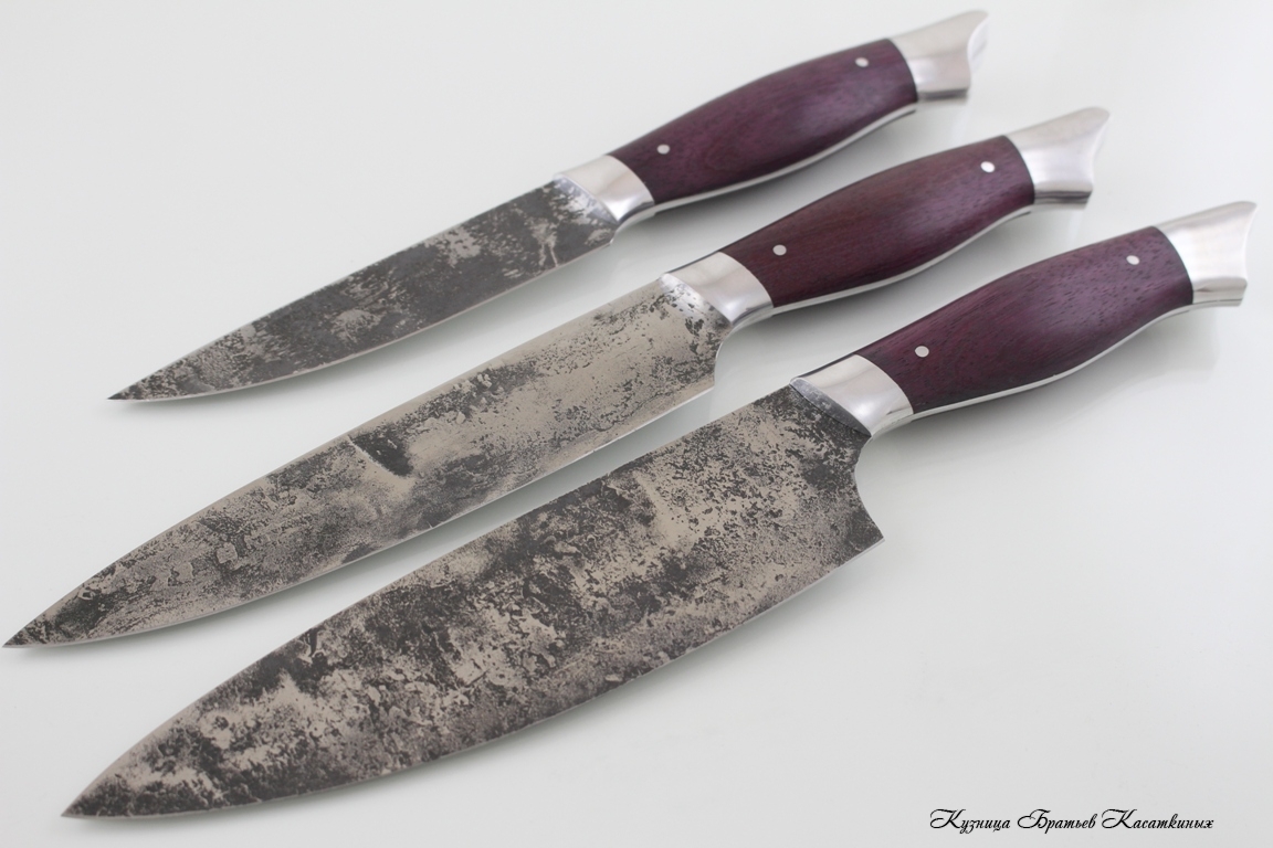   Kitchen Knife Set "Ratatouille". 95kh18 Steel (hammered). Amaranth Handle 