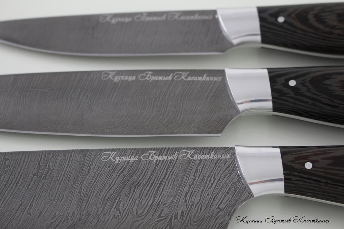   Kitchen Knife Set "Ratatouille". Damascus Steel. Wenge All-Metal Handle. Aluminium Bolster 